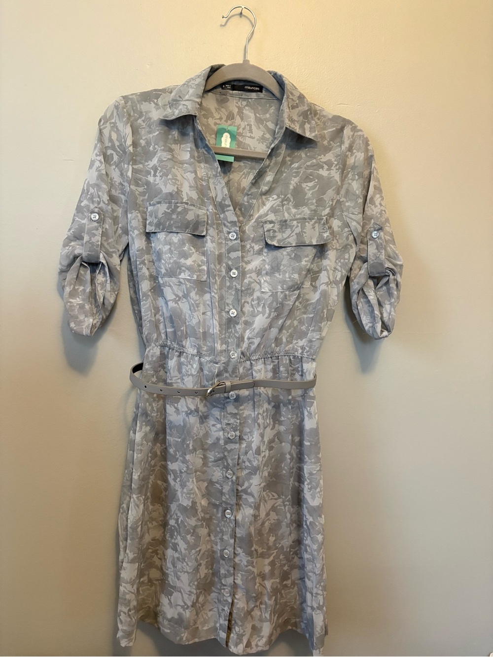 Maurices Light Gray Printed Button-Front Midi Shirt Dress